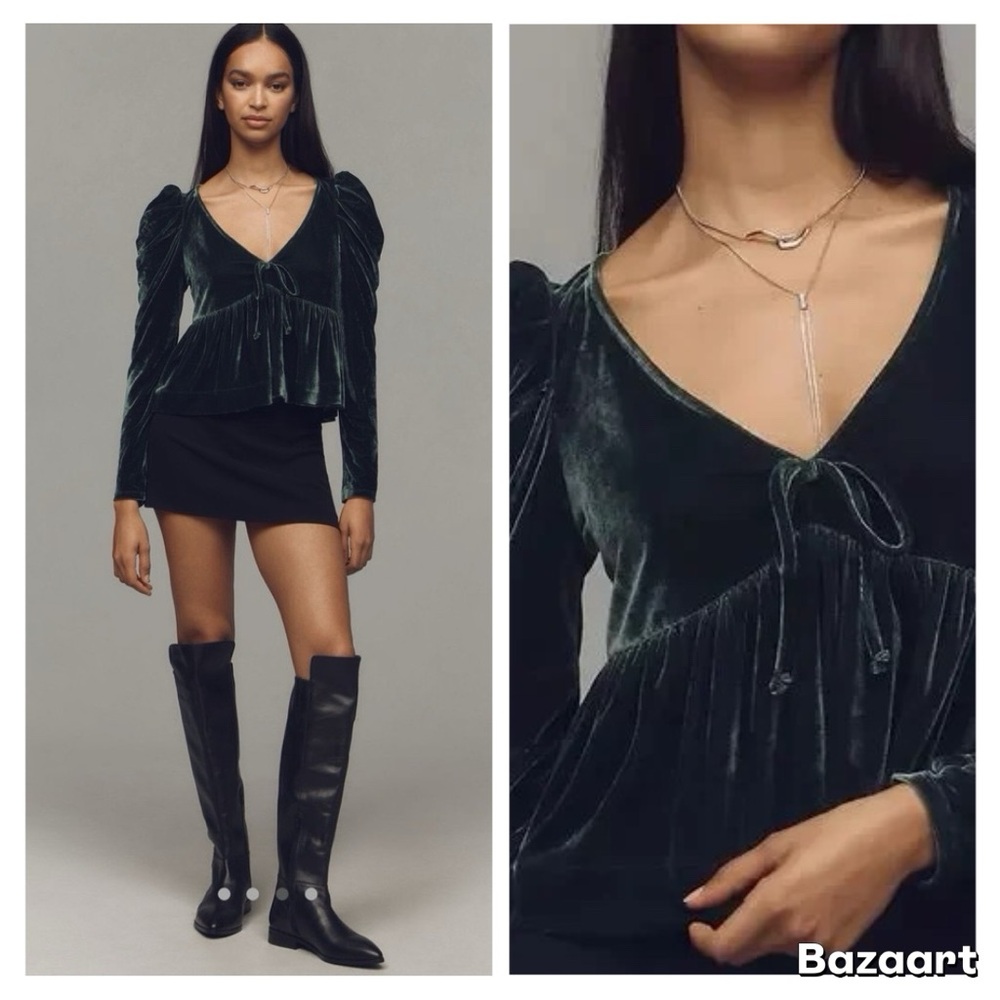 NWT Anthropologie Maeve Velvet Babydoll Top Dark Green L